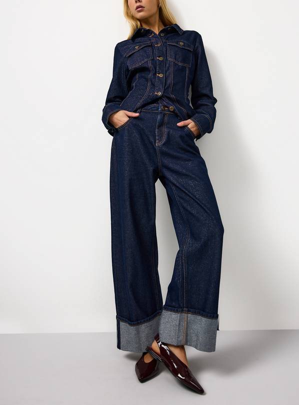 Dark Rinse Denim Sparkle Wide Leg Baggy Turn Up Jeans 10L